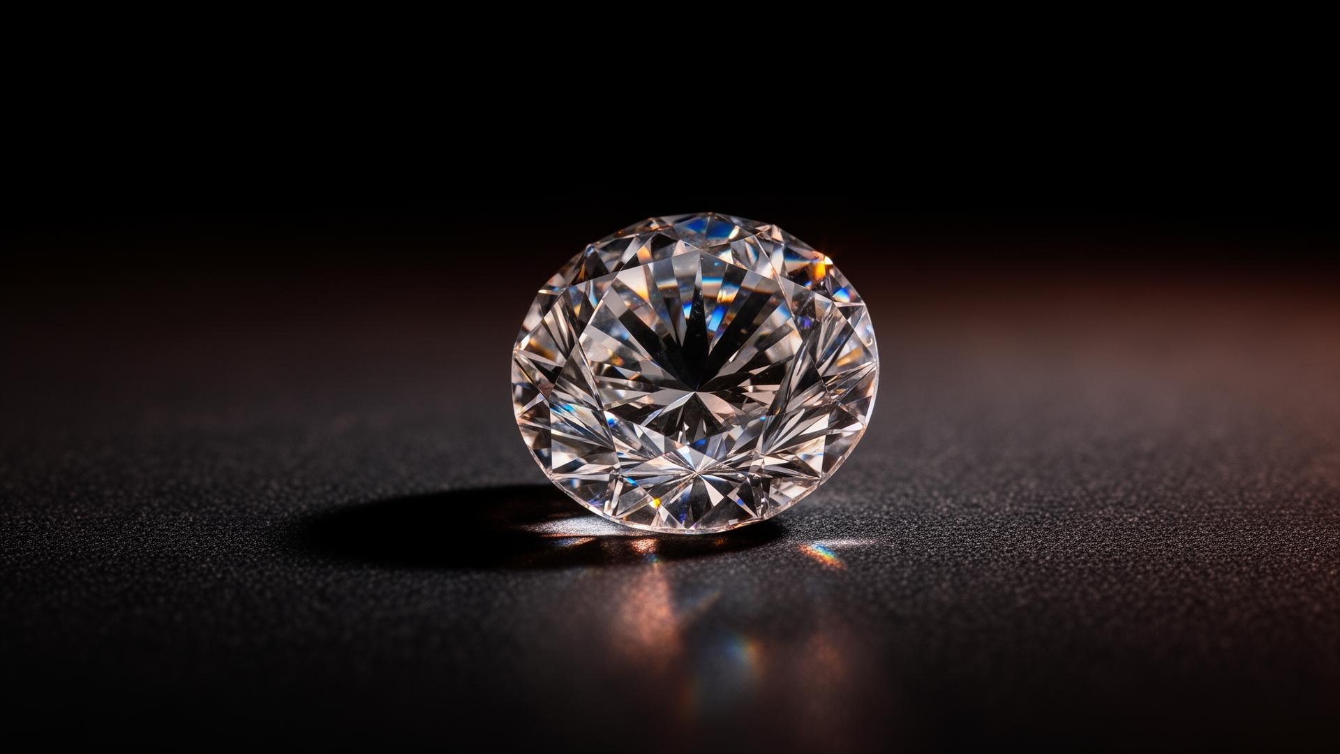 Macrofoto van een briljant geslepen diamant in warm licht